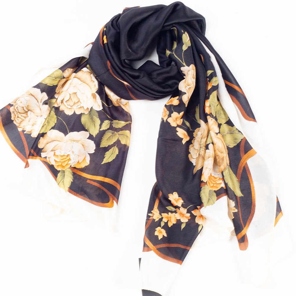 Canvas & Bloom -huivi, 85 x 180 cm, musta, 100% vegaaninen silkki