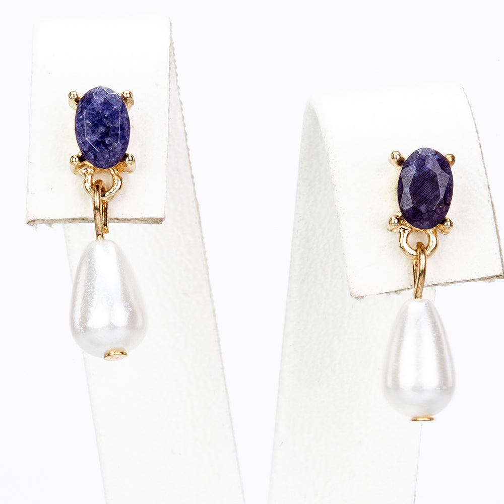 Kullattu TeräsSetti Safiirilla ja Lasihelmi ( Kaulakoru+Korvakorut+Riipus )