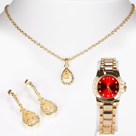 Kullattu TerÀsRannekello Rubiinilla ja Valkoisella EmporiaŸ Kristallilla ( Kaulakoru+Korvakorut+Riipus )
