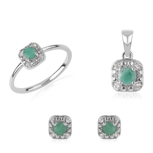 HopeaSetti Brasilian Smaragdilla ja Valkoisella Topaasilla ( Korvakorut+Sormus+Riipus )