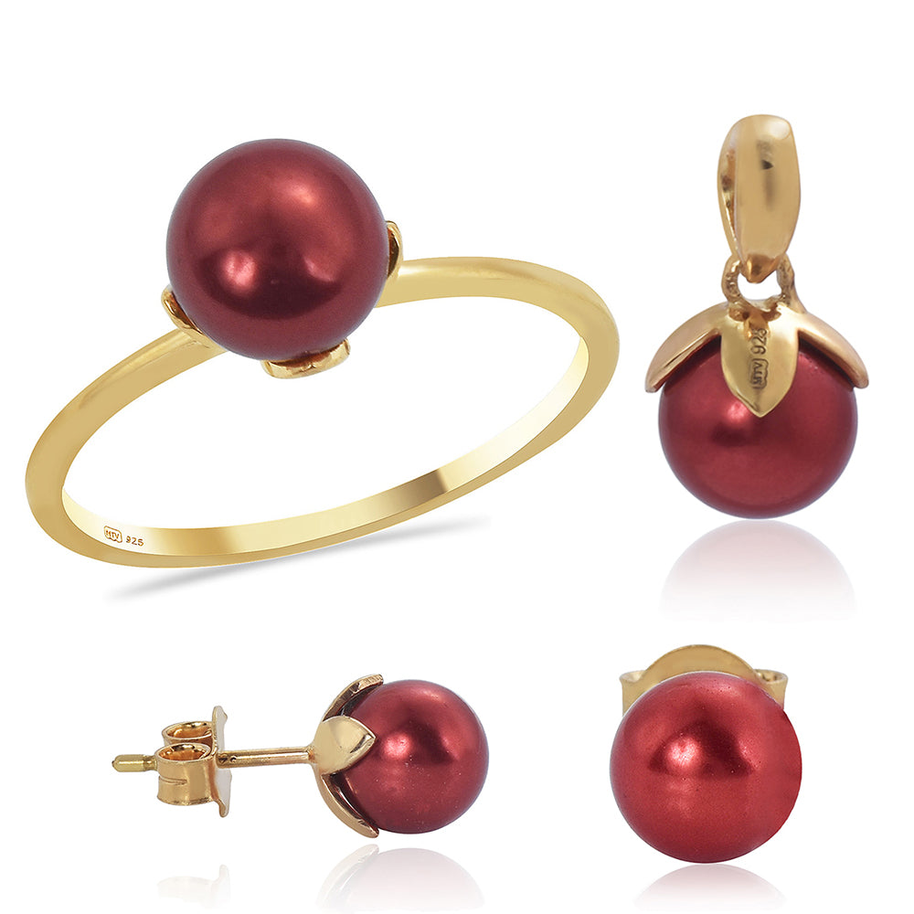 Kullattu hopeaSetti Punainen makeanveden helmellä ( Korvakorut+Sormus+Riipus )