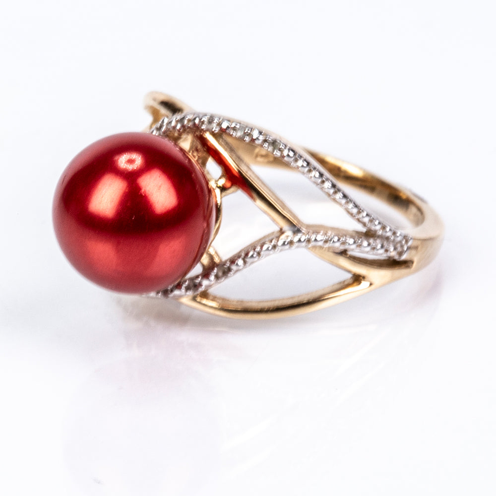 Kullattu hopeaSormus Punainen makeanveden helmellä ja Valkoisella Topaasilla