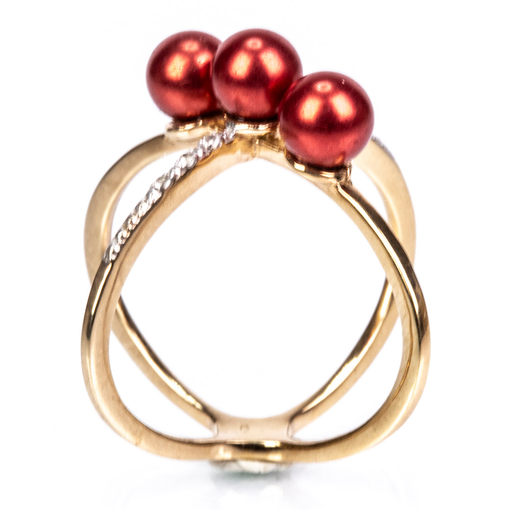 Kullattu hopeaSormus Punainen makeanveden helmellä ja Valkoisella Topaasilla