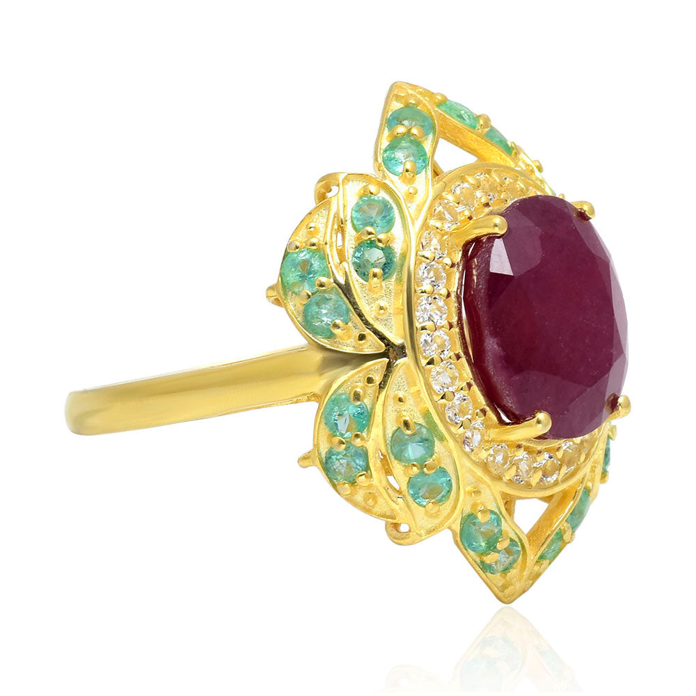 Kullattu hopeaSormus Malagassin Rubiinilla ja Brasilian Smaragdilla