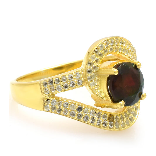 Kullattu hopeaSormus Etiopialaisella Lega Dembi Opaalilla ja Valkoisella Topaasilla