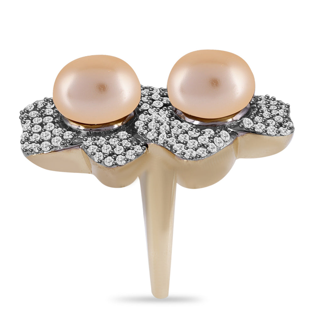 Kullattu hopeaSormus Kultaisella Makeanveden Helmellä ja Valkoisella Topaasilla