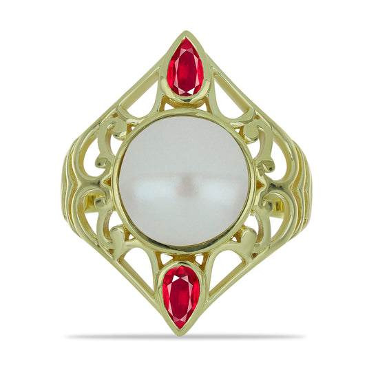 Kullattu hopeaSormus Makeanveden Valkoisella Helmellä ja Malagassin Rubiinilla