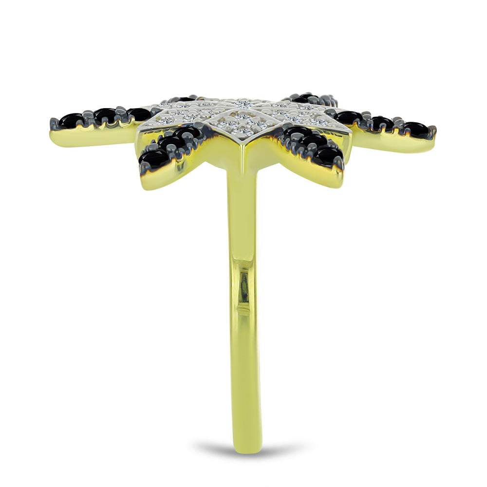 Kullattu hopeaSormus Mustalla Spinellillä ja Valkoisella Topaasilla