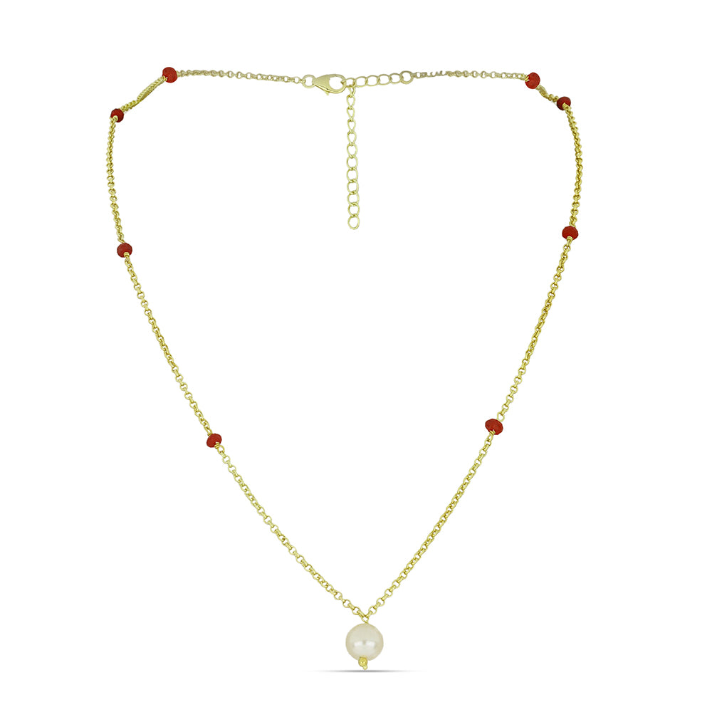 Kullattu hopeaKaulakoru Makeanveden Valkoisella Helmellä ja Malagassin Rubiinilla