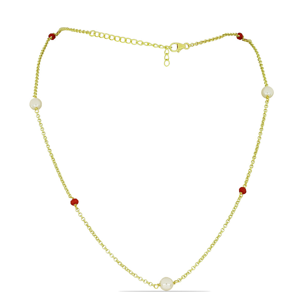 Kullattu hopeaKaulakoru Makeanveden Valkoisella Helmellä ja Malagassin Rubiinilla