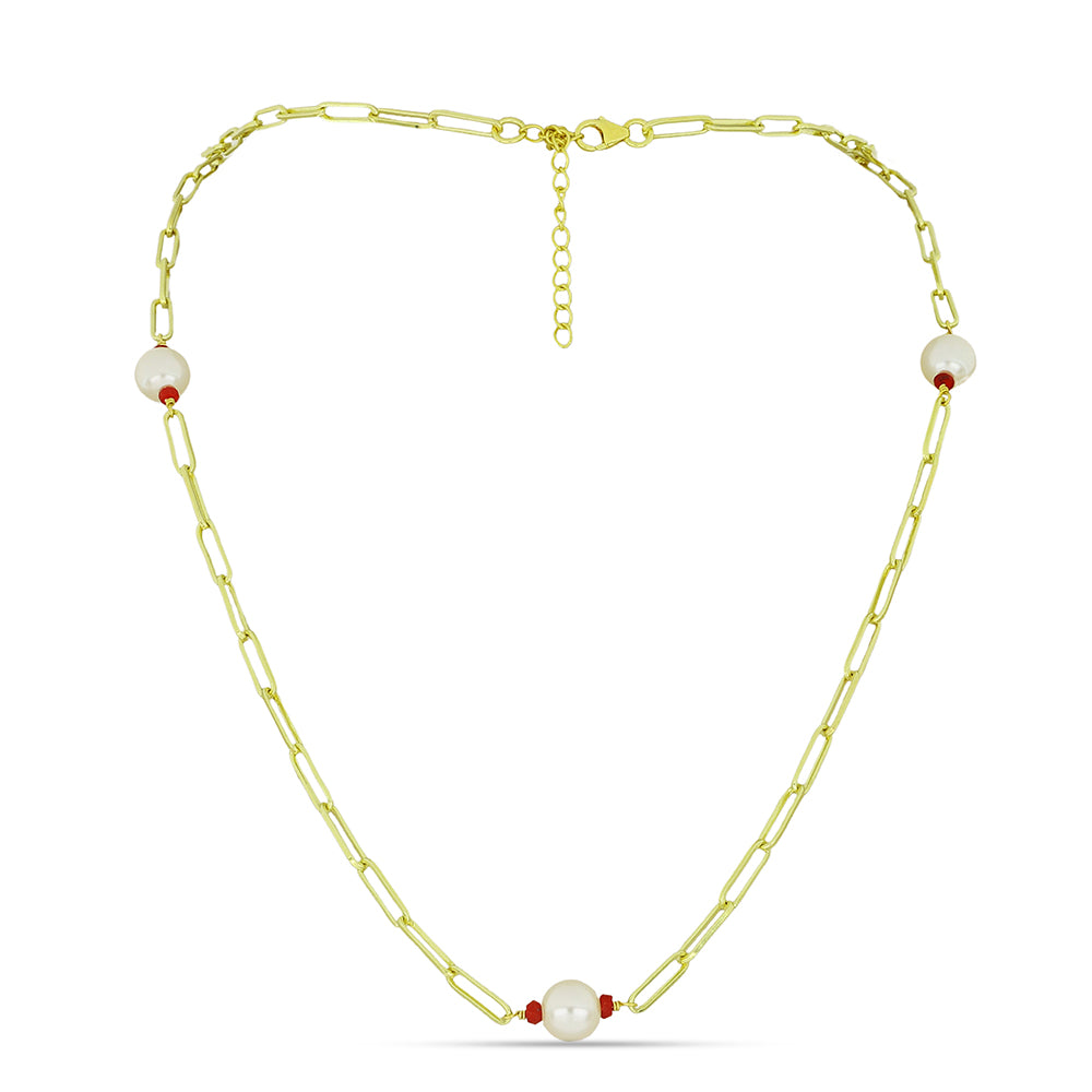 Kullattu hopeaKaulakoru Makeanveden Valkoisella Helmellä ja Malagassin Rubiinilla