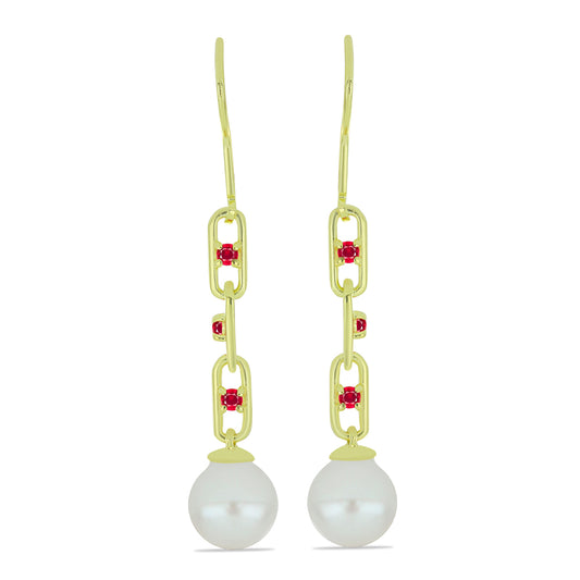 Kullatut hopeat Korvakorut Makeanveden Valkoisella Helmellä ja Malagassin Rubiinilla