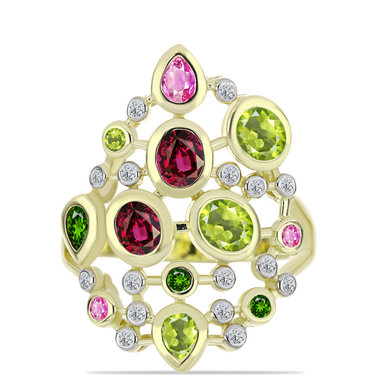 Kullattu hopeaSormus Chakra Turmaliinilla ja Valkoisella Topaasilla