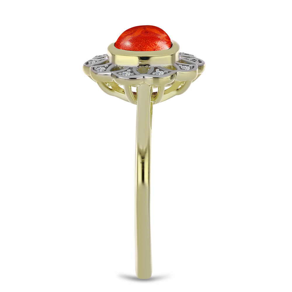 Kullattu hopeaSormus Punaisella Sienikorallilla ja Valkoisella Topaasilla