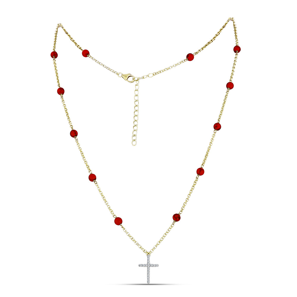 Kullattu hopeaKaulakoru Punaisella Sienikorallilla ja Valkoisella Topaasilla