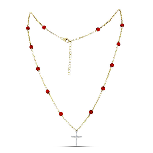 Kullattu hopeaKaulakoru Punaisella Sienikorallilla ja Valkoisella Topaasilla