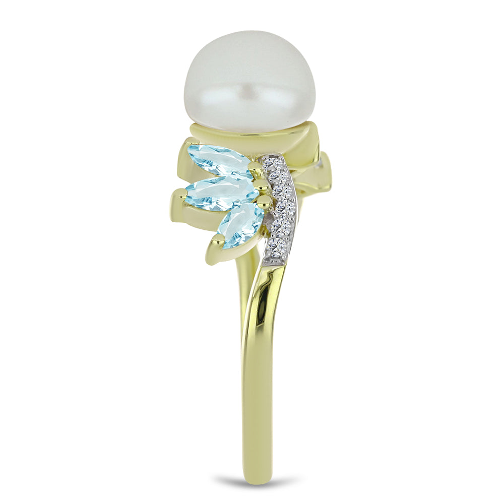 Kullattu hopeaSormus Makeanveden Valkoisella Helmellä ja Akvamariinilla