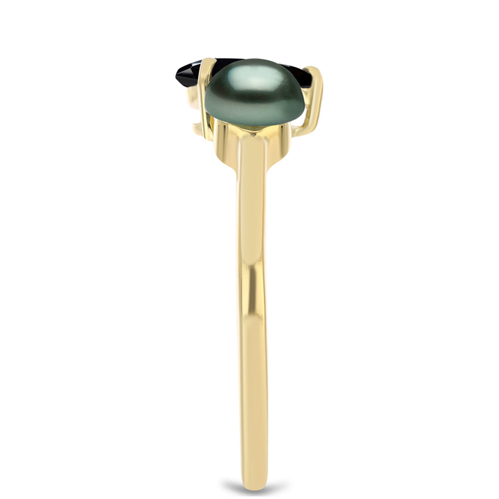 Kullattu hopeaSormus Tahitian vihreä illuusio makeanveden helmi ja Vuoristo-Badahšanin Mustalla Spinellillä