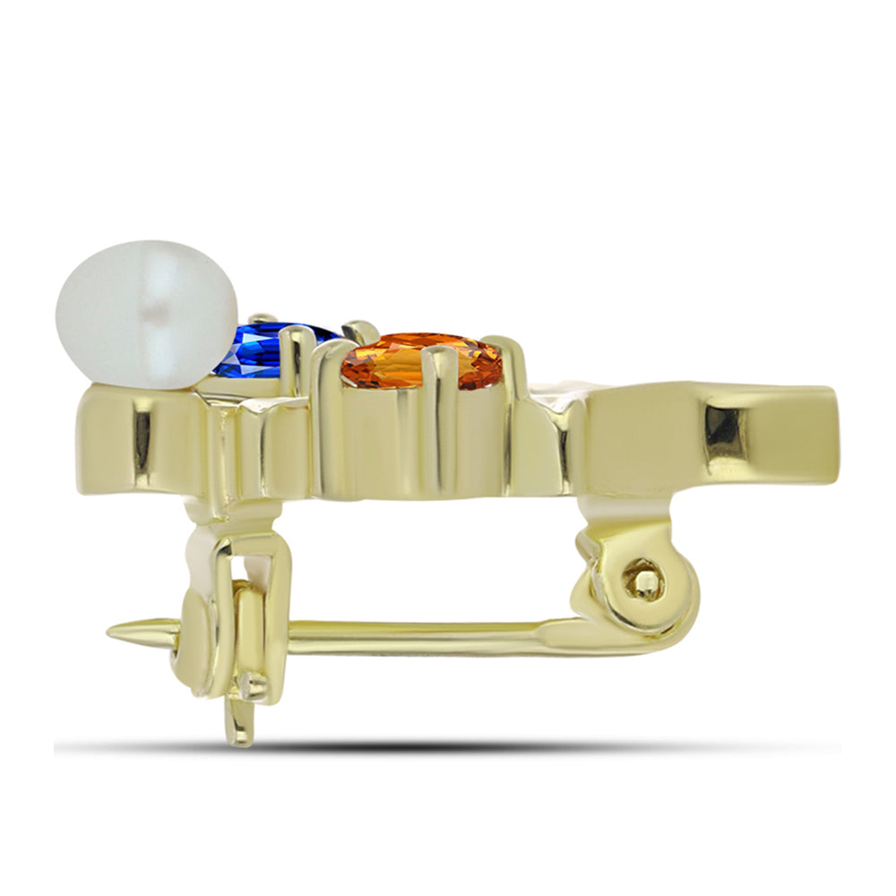 Kullattu hopeaRintaneula Sateenkaarisafiirilla ja Makeanveden Valkoisella Helmellä