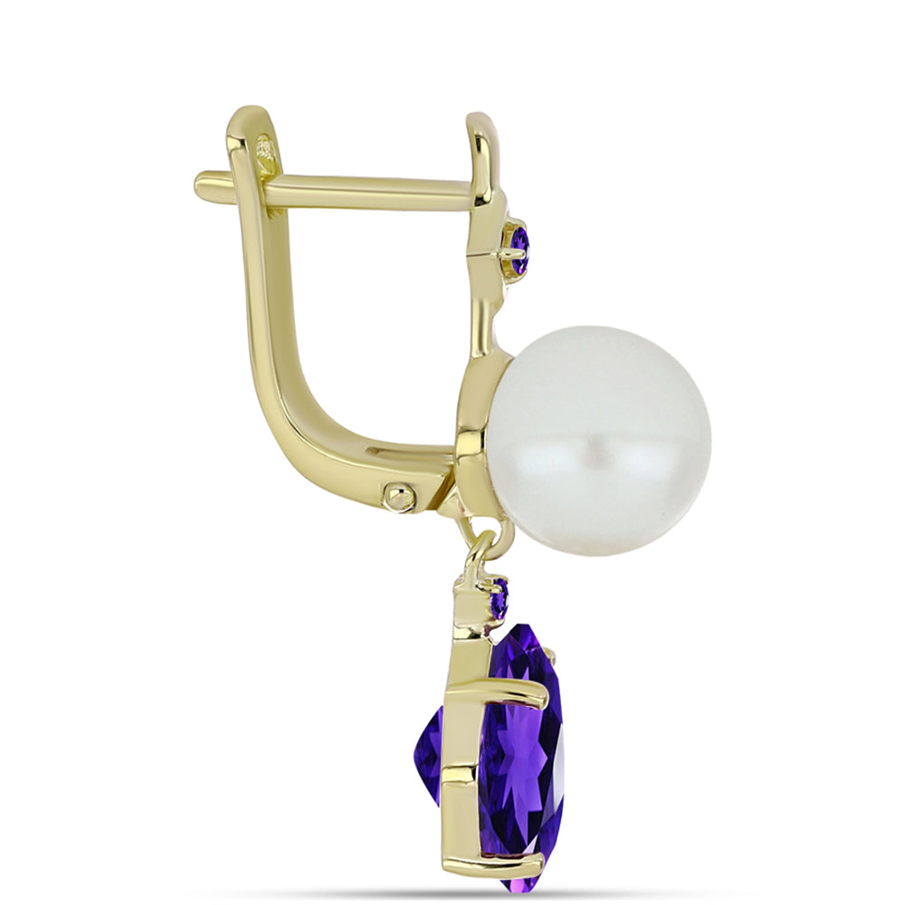 Kullatut hopeat Korvakorut Marokon Ametistilla ja Makeanveden Valkoisella Helmellä