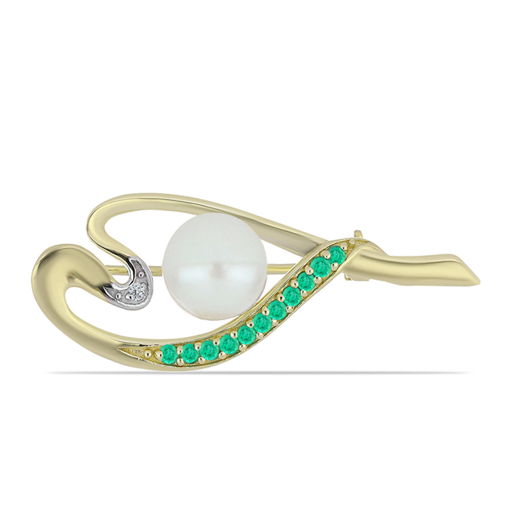 Kullattu hopeaRintaneula Kolumbian Smaragdilla ja Valkoisella Timantilla