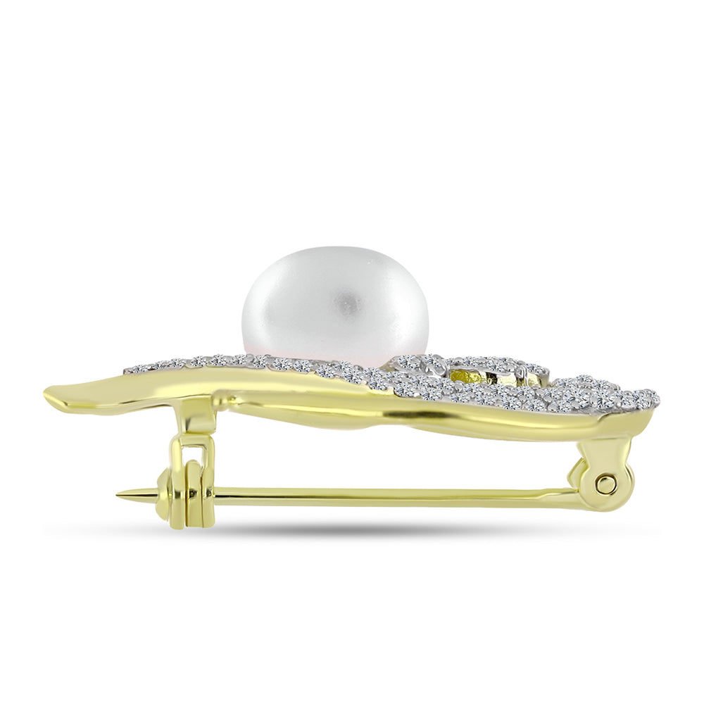 Kullattu hopeaRintaneula Makeanveden Valkoisella Helmellä ja Valkoisella Topaasilla