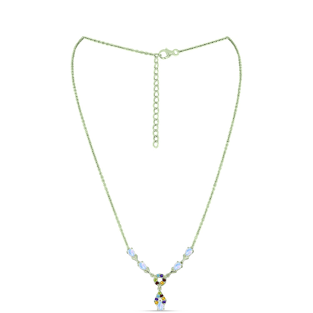 Kullattu hopeaKaulakoru Sateenkaarikuukivellä ja Marokon Ametistilla