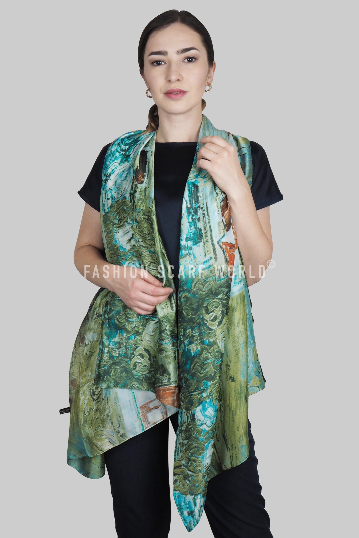 100% Aitoa Silkkihuivi/-saali, 90 cm x 180 cm, Vihreä
