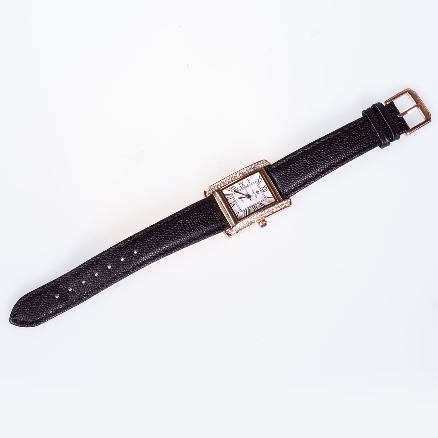 YELLOW gold colour case, black genuine leather band, stainless steel with white zircon watch
