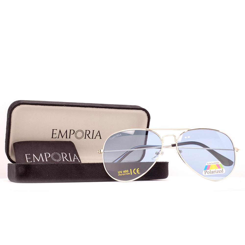 Emporia Italy - Aviator -sarjan "ICE" polarisoidut UV-SUODATTAVAT aurinkolasit kovalla säilytyskotelolla ja puhdistusliinalla, vaaleansiniset linssit, kullanväriset kehykset