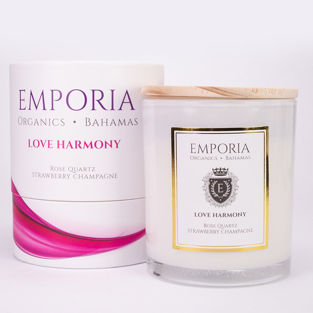 Emporia Organics BAHAMAS lasikynttilä - LOVE HARMONY, ruusukvartsi, mansikkasamppanja, 100 % soijavahaa, 230g