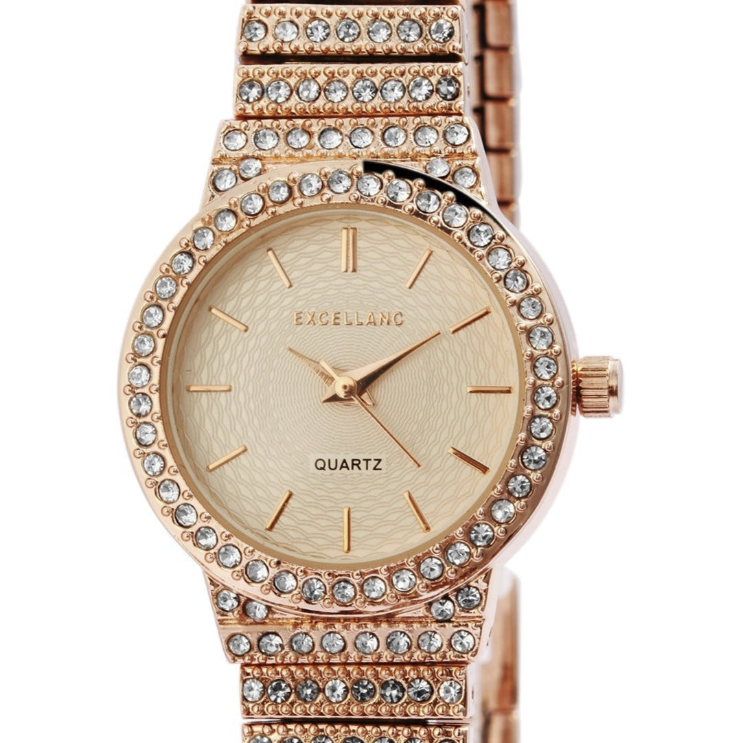 Excellanc naisten rannekello metallirannekkeella, ruusukullan värinen, japanilainen PC21 kvartsiliike, hopeanvärinen kellotaulu