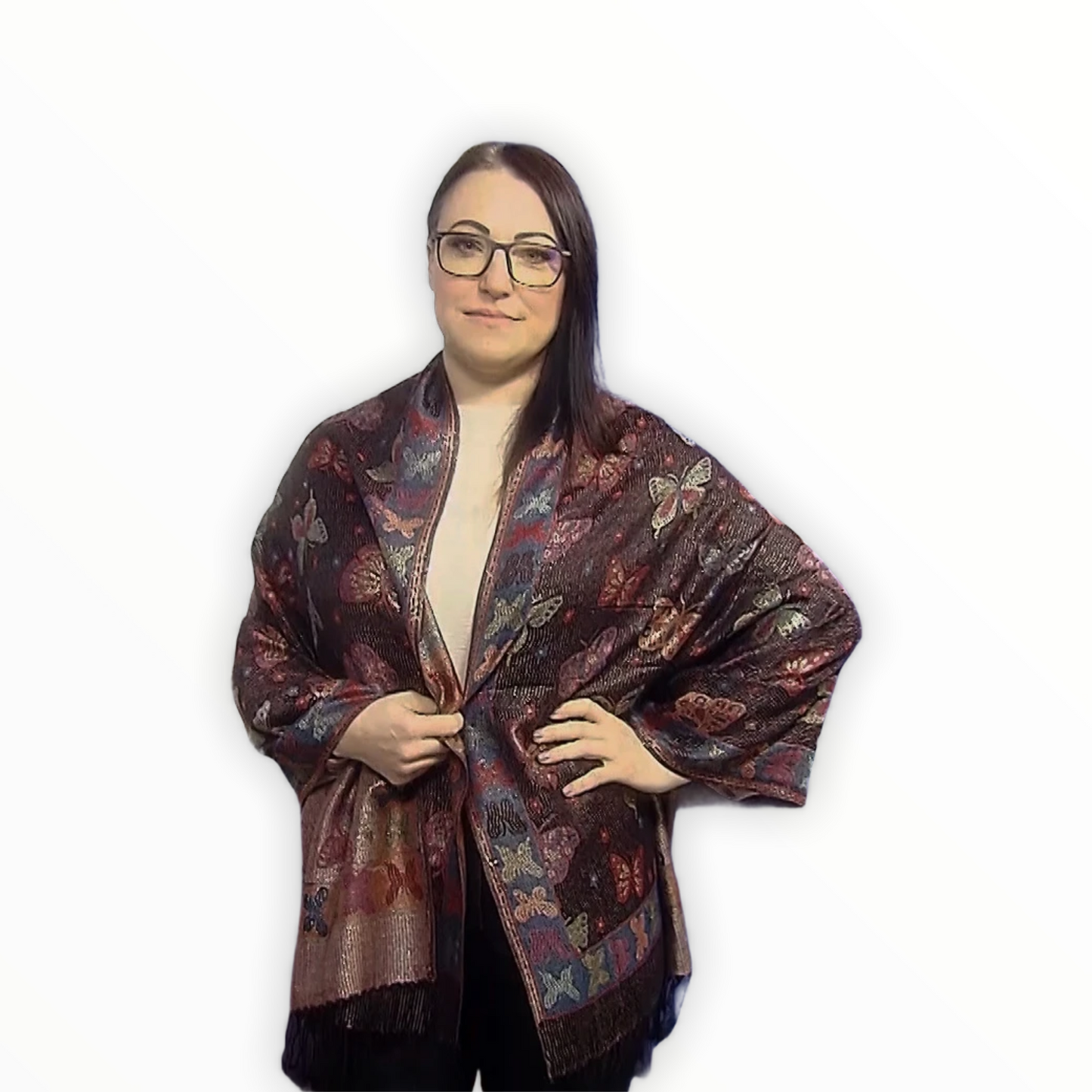 100% aito Pashmina-kashmirhuivi/-saali, 70 cm x 170 cm, perhoskuvioitu, kiiltävä, musta