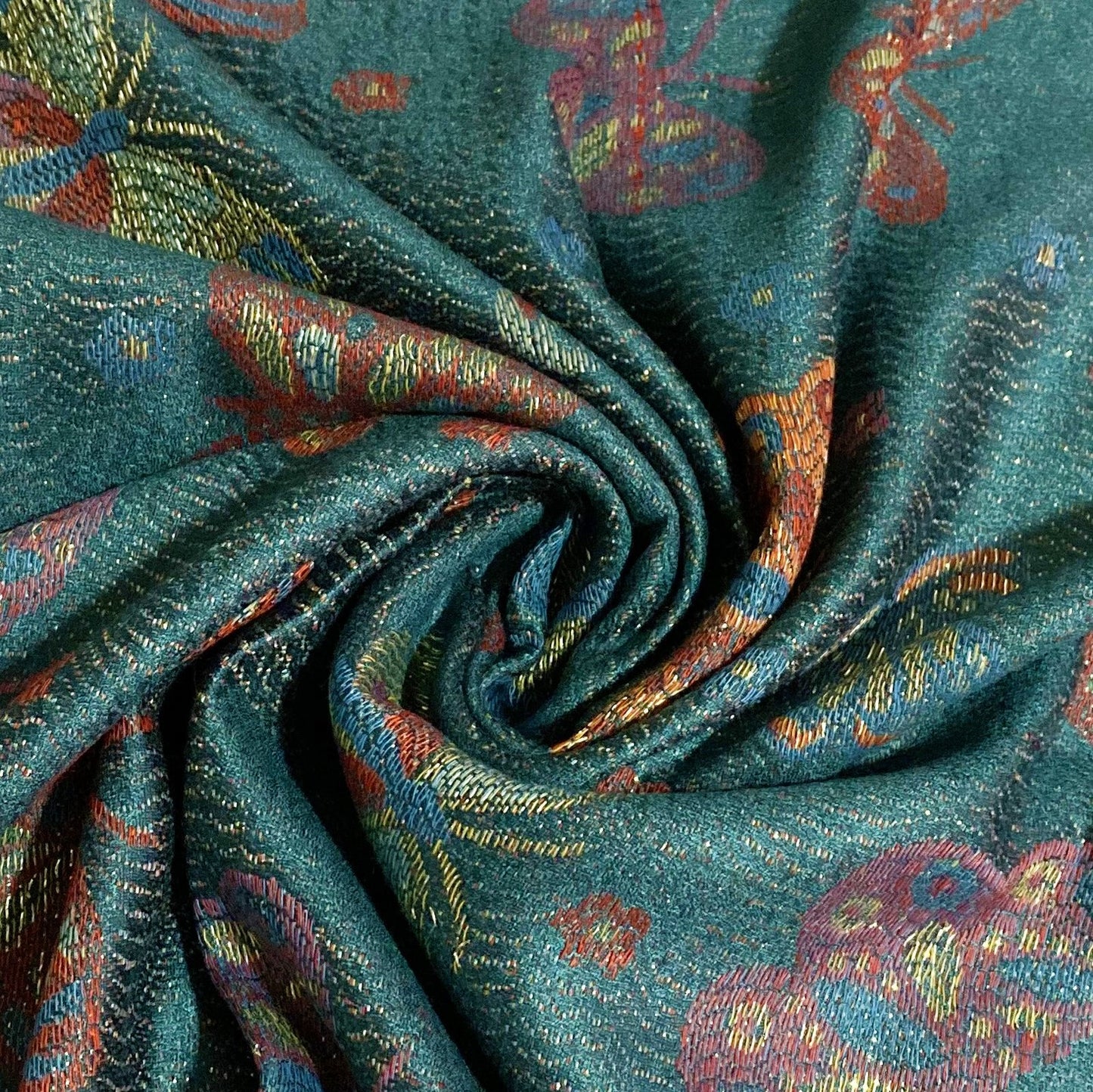 100% aito Pashmina-kashmirhuivi/-saali, 70 cm x 170 cm, perhoskuvioitu, kiiltävä, sinivihreä