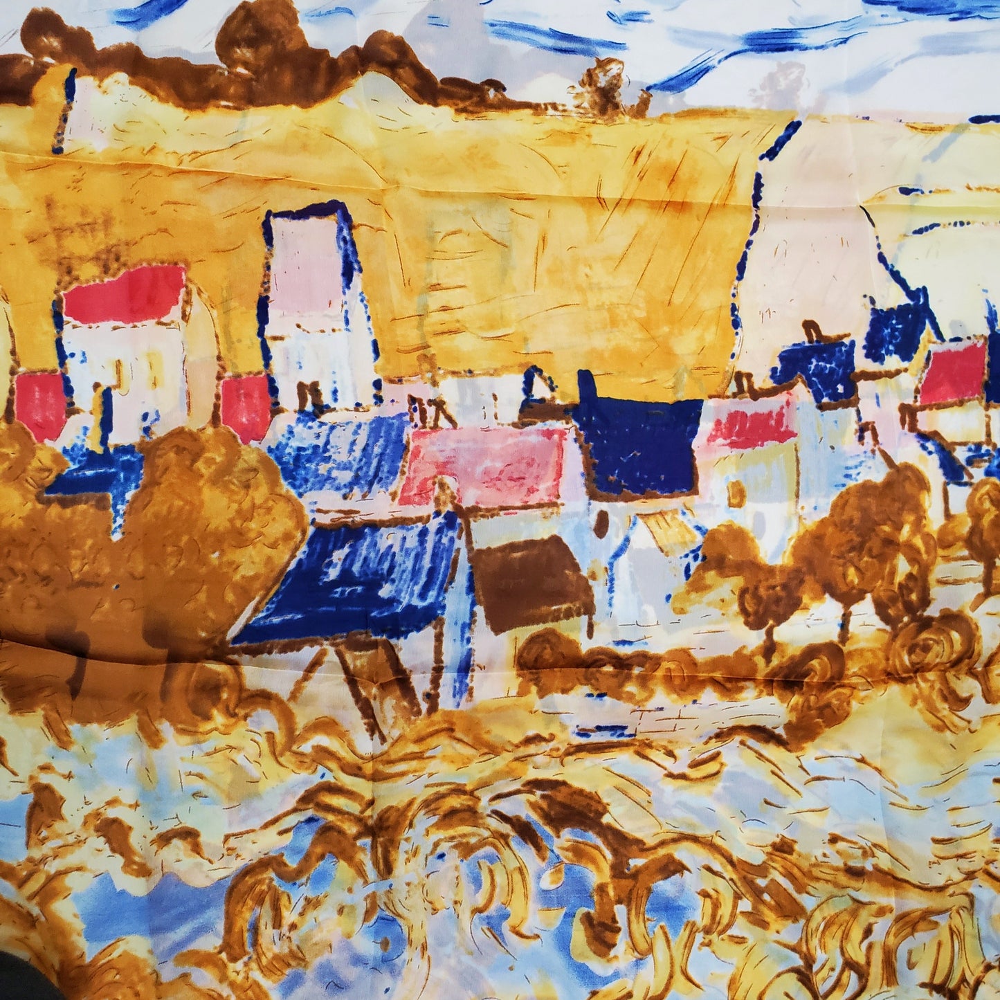 100% aito silkkihuivi/-saali, 90 cm x 180 cm, impressionistinen kylä