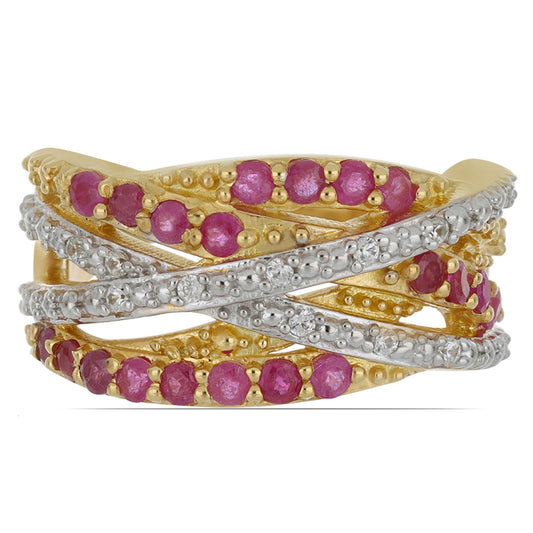 Kullattu hopeaSormus Malagassin Rubiinilla ja Valkoisella Luonnonzirkonialla