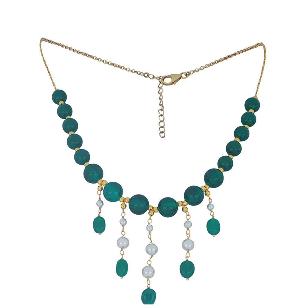 Kullattu hopeaKaulakoru Vihreällä Akaatilla ja Makeanveden Valkoisella Helmellä