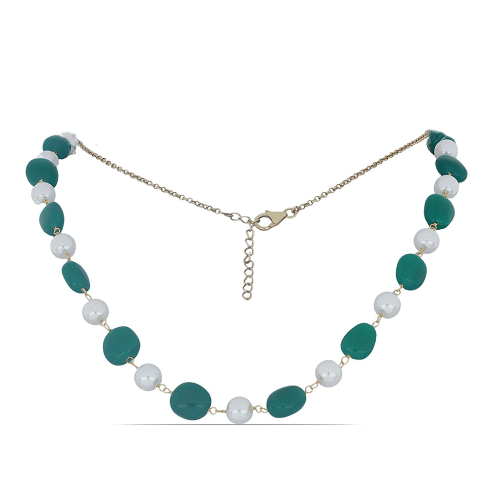Kullattu hopeaKaulakoru Vihreällä Akaatilla ja Makeanveden Valkoisella Helmellä