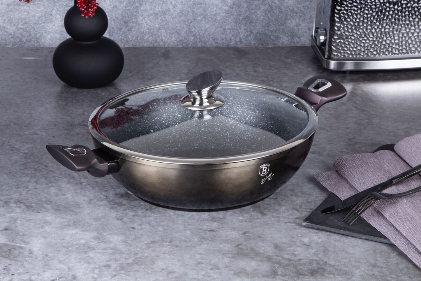 Berlinger Haus Metallic Line Shiny Black Edition Wok, jossa kansi, 30 cm