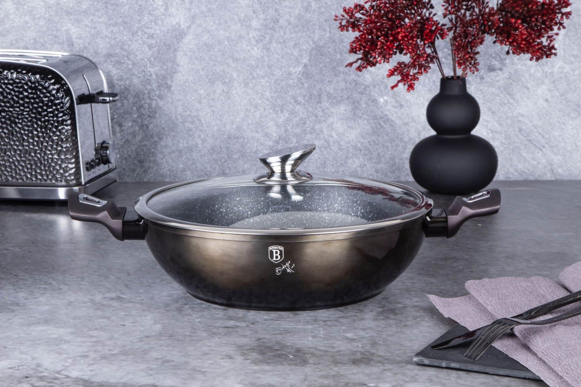 Berlinger Haus Metallic Line Shiny Black Edition Wok, jossa kansi, 30 cm 3 