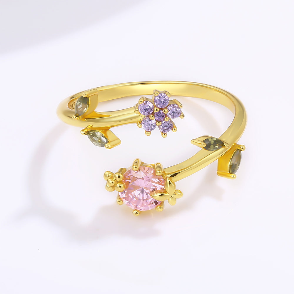 Kullattu TeräsSormus Vaaleanpunaisella Emporia® Kristallilla ja Violetilla Emporia® Kristallilla