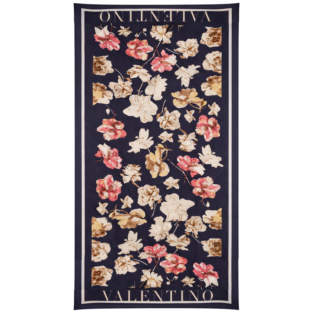 Bloom & Letters -huivi, sininen, 85 cm x 180 cm, 100 % vegaanista silkkiä