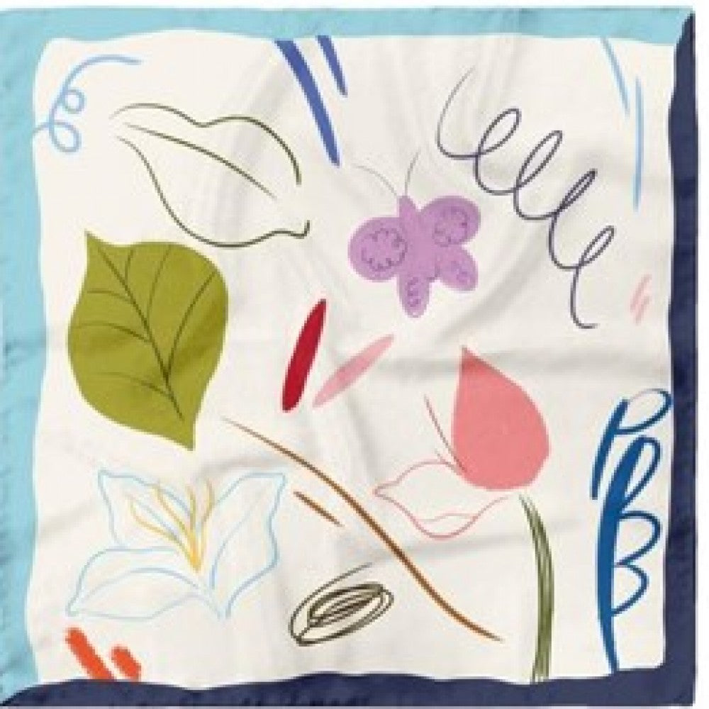 Playful Bloom Scarf, Turquoise, 90 cm x 90 cm, 100% Silk