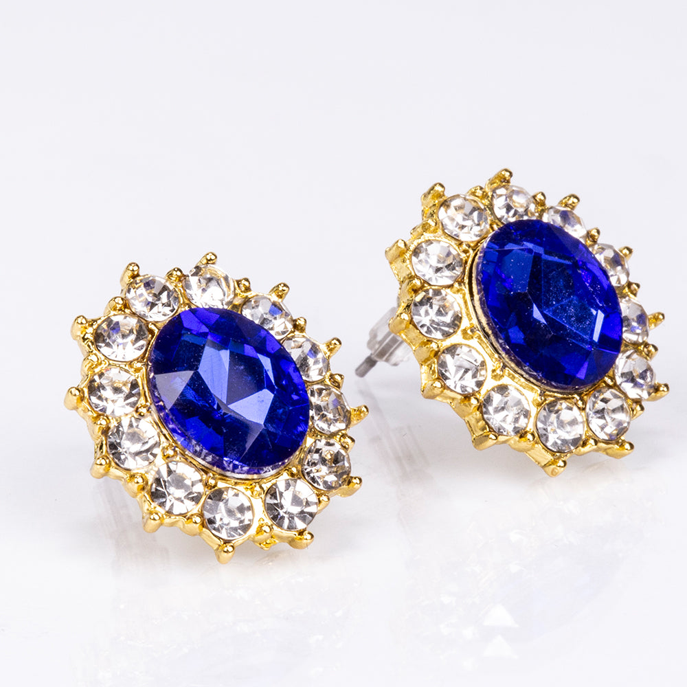 Kullattu TeräsSetti Sinisellä Emporia® Kristallilla ja Valkoisella Emporia® Kristallilla ( Kaulakoru+Korvakorut )