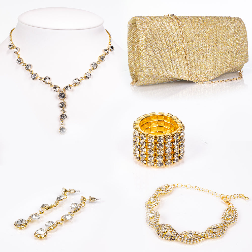 Kullattu TeräsLaukku Valkoisella Emporia® Kristallilla ( Kaulakoru+Korvakorut+Rannekoru+Sormus ) 1 