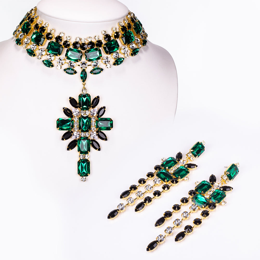 Kullattu TeräsSetti Vihreällä Emporia® Kristallilla ja Valkoisella Emporia® Kristallilla ( Kaulakoru+Korvakorut ) 1 