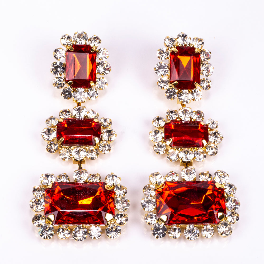 Kullattu TeräsSetti Punaisella Emporia® Kristallilla ja Valkoisella Emporia® Kristallilla ( Kaulakoru+Korvakorut ) 2 