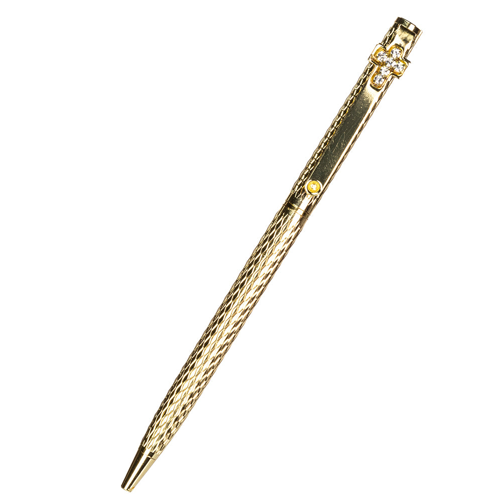 Keltainen kullanvärinen kynä koristeltuna kuudella valkoisella Emporia-kristallilla, mustalla musteella
