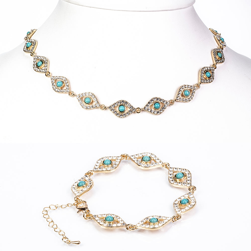 Kullattu TeräsSetti Turkoosilla ja Valkoisella Emporia® Kristallilla ( Kaulakoru+Rannekoru )