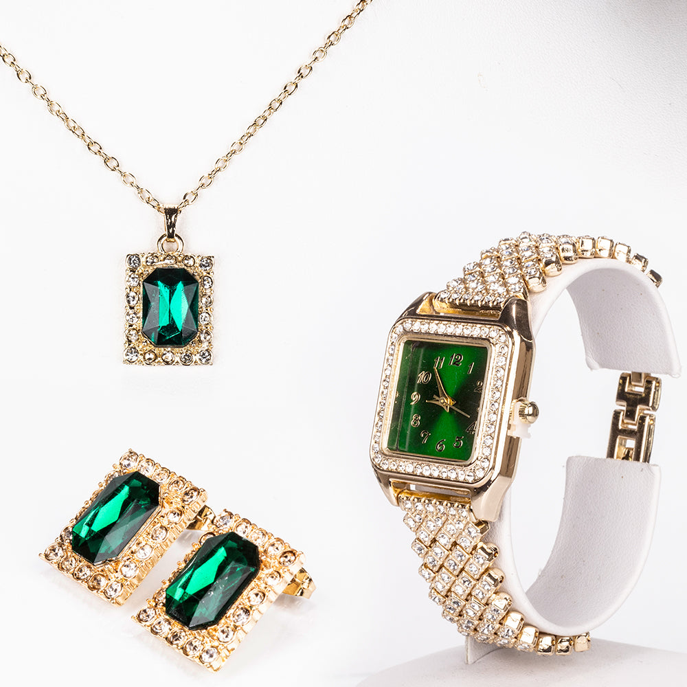 Kullattu TeräsRannekello Vihreällä Emporia® Kristallilla ja Valkoisella Emporia® Kristallilla ( Kaulakoru+Korvakorut+Riipus ) 1 
